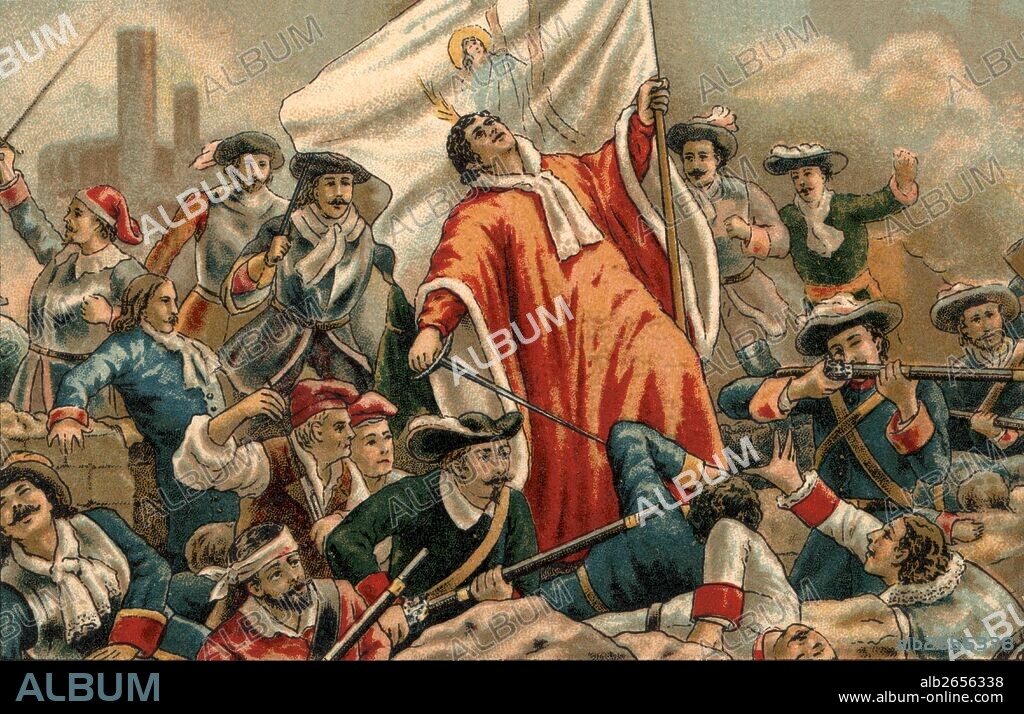 Historia de Catalunya. Rafael de Casanovas herido en la defensa de las murallas de Barcelona el 11 de septiembre de 1714. Cromo editado en 1905.