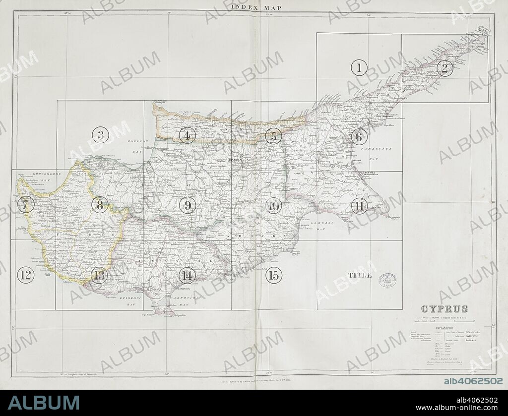 A map of Cyprus. A Trigonometrical Survey of the Island of Cyprus, executed and published ... under the direction of ... H.H. Kitchener. Hillshading by ... S.C.N. Grant, 1882. Scale of one inch to one statute mile = 1 : 63,660. London : E. Stanford, 1885. Source: Maps 20.d.9, title page. Language: English.