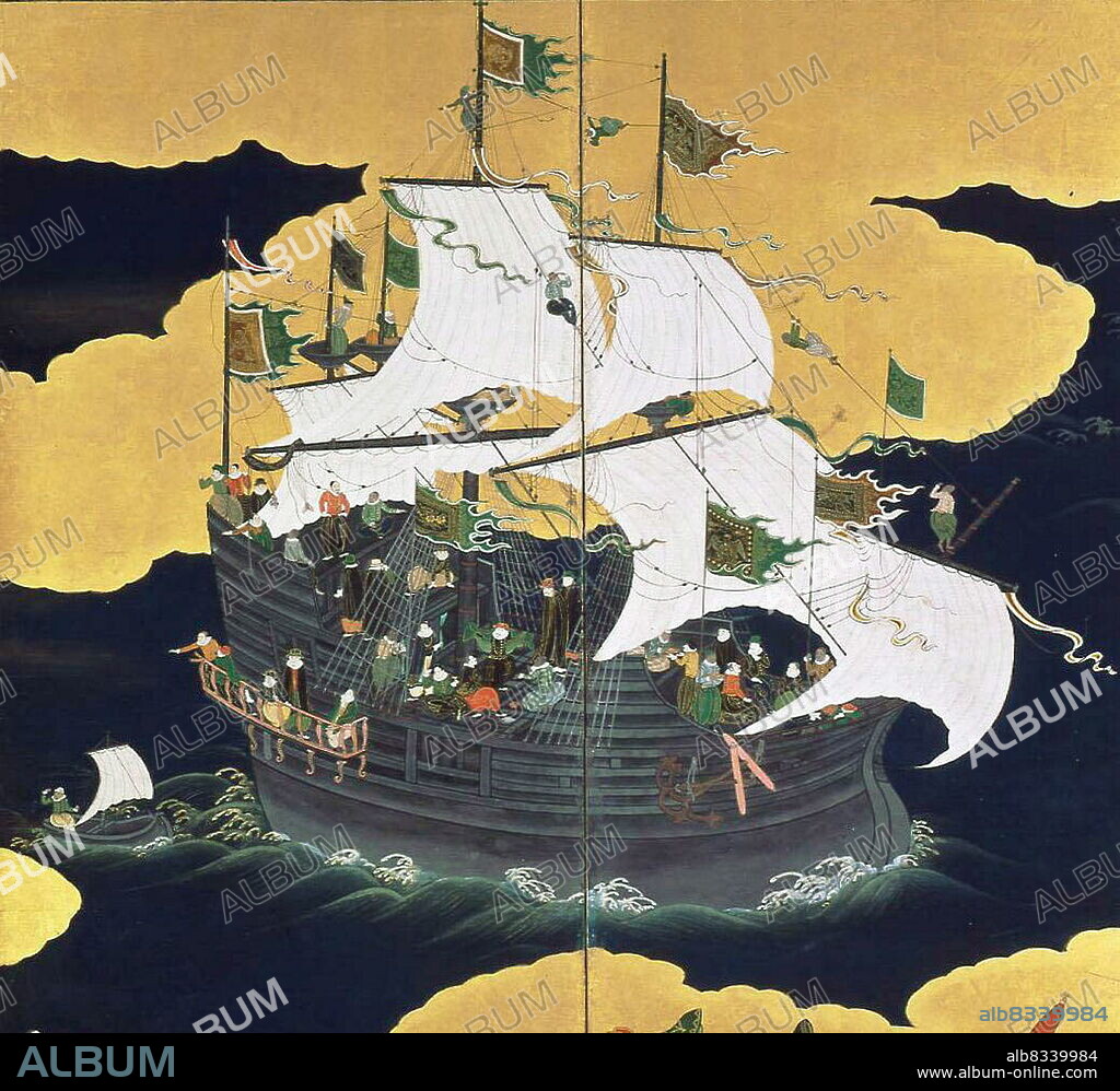 Arrival of a Portuguese ship, one of a pair (painted Nanban screen) 1620-1640. In 1543, three Portuguese travellers aboard a Chinese ship drifted ashore on Tanegashima, a small island near Kyushu. They were the first Europeans to visit Japan. In 1548, Francis Xavier, a Jesuit, arrived from Goa to introduce Christianity to the Japanese. Portuguese merchants brought tin, lead, gold, silk, and wool and cotton textiles, among other goods, to Japan, which exported swords, lacquer ware, silk, and silver.