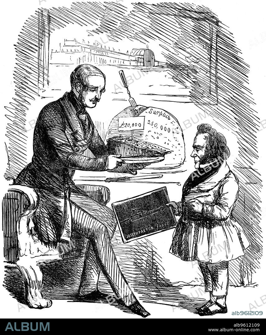 JOHN TENNIEL. Albert, Prince Consort of Queen Victoria, and Joseph Paxton, 1851. Albert, Prince Consort of Queen Victoria, handing Joseph Paxton, designer of the Crystal Palace, a £20,000 slice of 'Solid Pudding' from the surplus funds from the Great Exhibition of 1851 held in Hyde Park, London. Albert's great interest in the arts, science and industry led him to plan the staging of the Great Exhibition. From Punch, London, 1851.