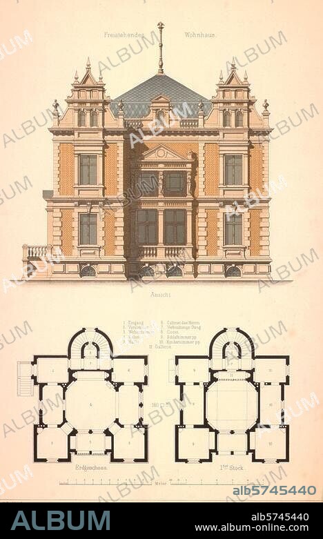 Architektur / Wohnhäuser. "Freistehendes Wohnhaus". (Aufriß und Grundrisse). Farblithographie nach Zeichnung von Hermann Bethke. Blatt 1 der Mappe: Praktische Wohnhäuser und Villen (...) entworfen und gezeichnet von Hermann Bethke, Stuttgart. (Konrad Wittwer) o. J. (um 1885). Berlin, Sammlung Archiv für Kunst und Geschichte.