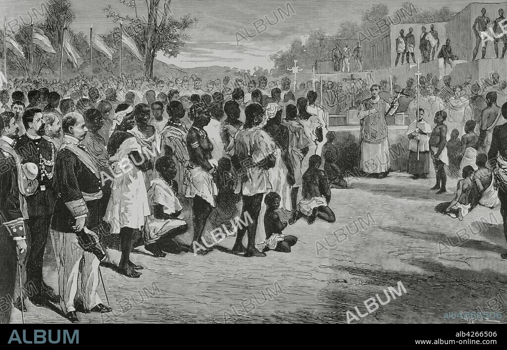 Islas Filipinas. Expedición del Gobernador General al norte de Luzón. Bucay. Misa celebrada ante las tribus recientemente sometidas, vecinas al país de los"Igorrotes". Grabado por Tomás Carlos Capuz (1834-1899). La Ilustración Española y Americana,22 de abril de 1881.