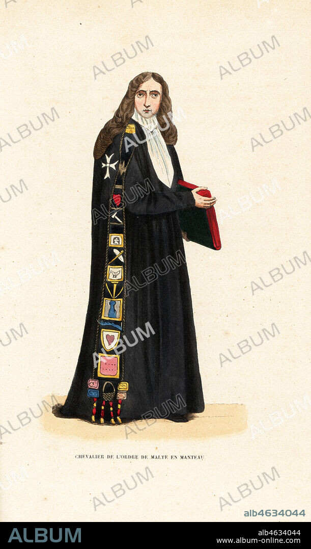 Knight of the Knights Hospitaller in cape, Order of Malta, Order of Knights of the Hospital of Saint John of Jerusalem, Chevalier de lOrdre de Malte en manteau.. Handcoloured woodblock engraving after an illustration by Jacques Charles Bar from Abbot Tirons Histoire et Costumes des Ordres Religieux, Librairie Historique-Artistique, Brussels, 1845.
