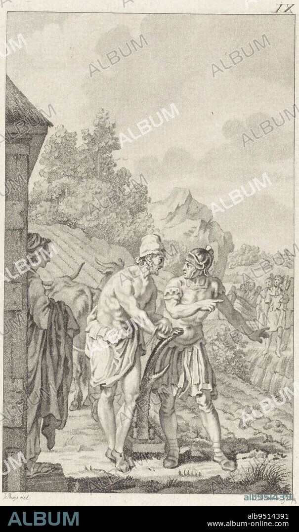 The Roman general Lucius Quinctius Cincinnatus is appointed dictator. A soldier makes him choose between the sword and a plow. In the end, he wins the war with the Aequi after only sixteen days, only to immediately go back to plowing his fields. Lucius Quinctius Cincinnatus Requested as Dictator, print maker: Ludwig Gottlieb Portman, (mentioned on object), intermediary draughtsman: Jacobus Buys, (mentioned on object), Utrecht, 1793, paper, etching, h 214 mm × w 133 mm.