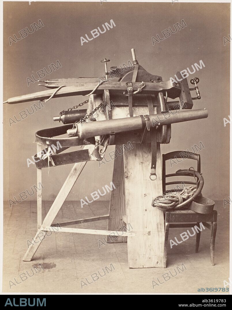 Saddle Mounted Cannon. Artist: Unknown (French). Dimensions: 18.9 x 14.8 cm (7 7/16 x 5 13/16 in. ). Date: 1860s.
The zamburak (Persian for "little wasp") was a saddle-mounted cannon used in cavalry warfare in Central and Southeast Asia during the eighteenth and nineteenth centuries. Deployed not for accuracy but to disrupt enemy formations, the cannons were attached to pivots and fired directly from a camel's back with the animal on its knees. Here a rudimentary sawhorse has replaced the camel, and the threat of the weapon has been defused by the innocuous setting of a photographer's studio.