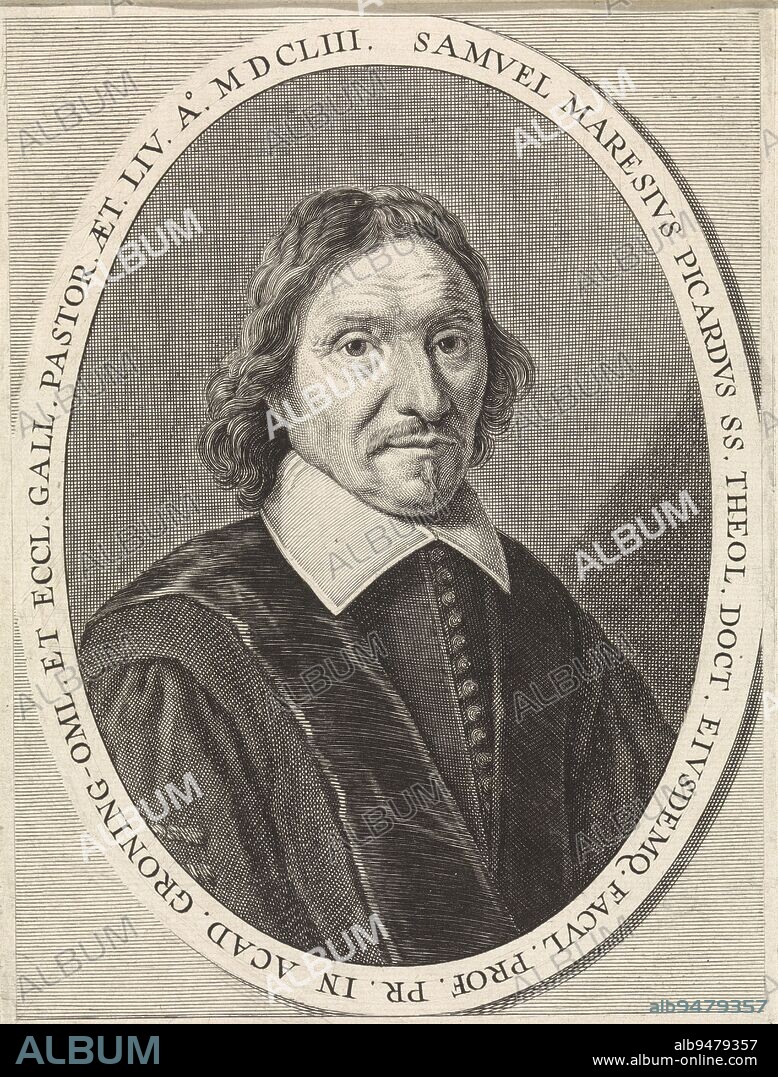 Portrait of Samuel Maresius, theologian in Groningen, Netherlands., print maker: Theodor Matham, (mentioned on object), after: Jan Jansz. de Stomme, (mentioned on object), J. Le Long, (mentioned on object), Northern Netherlands, 1653 - 1676, paper, engraving, h 217 mm × w 131 mm.