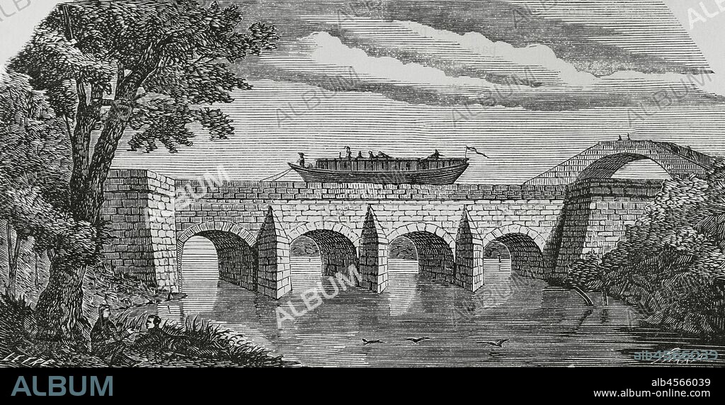 España. Aragón. Canal Imperial sobre el río Jalón. Acueducto del río Jalón, también llamado Las murallas de Grisén / Jalón o El Caracol. Construido en el siglo XVIII, es la obra más representativa de la construcción del Canal Imperial de Aragón. Dibujo por Letre. Grabado por Sierra. Crónica General de España. Historia Ilustrada y Descriptiva de sus Provincias. Aragón, 1866. Biblioteca Histórico Militar de Barcelona, Cataluña, España.