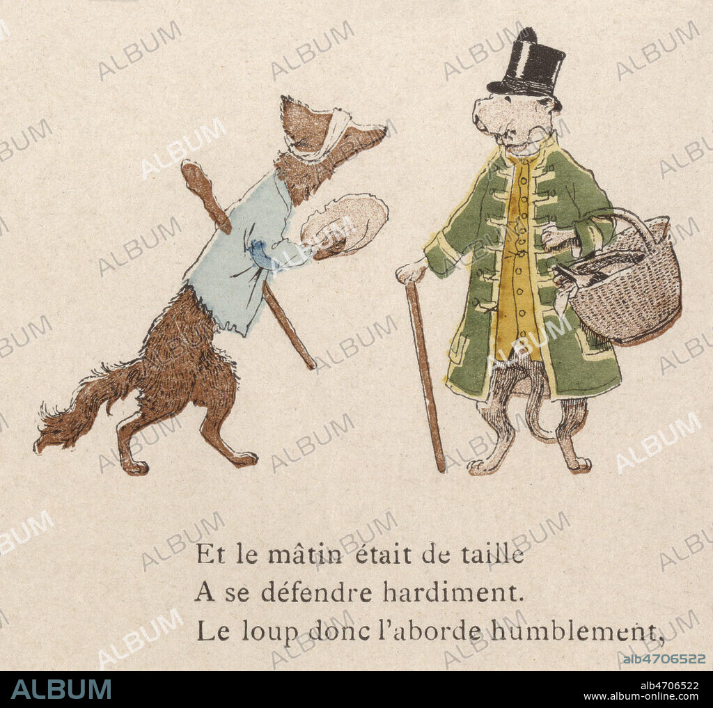 Et le matin etait de taille. Illustration de 1888 par Maurice de BOUTET de MONVEL (1851-1913) pour une vignette de la fable Le loup et le chien de Jean de LA FONTAINE (1621-1695). Credit : Collection Jonas/Kharbine-Tapabor.