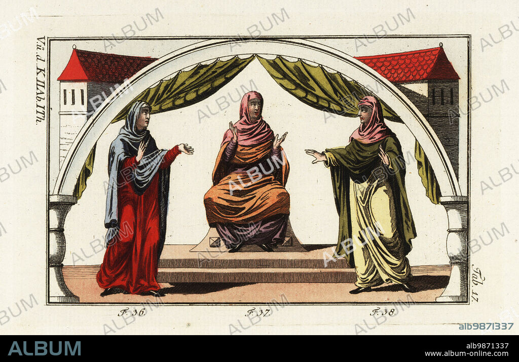 Anglo Saxon woman wearing a tunic, veil, mantle, and open-toe shoes 36, woman in tunic and veil 37 and woman in a veil in a different colour from her mantle 38. Handcolored copperplate engraving from Robert von Spalart's Historical Picture of the Costumes of the Principal People of Antiquity and Middle Ages, Vienna, 1796.
