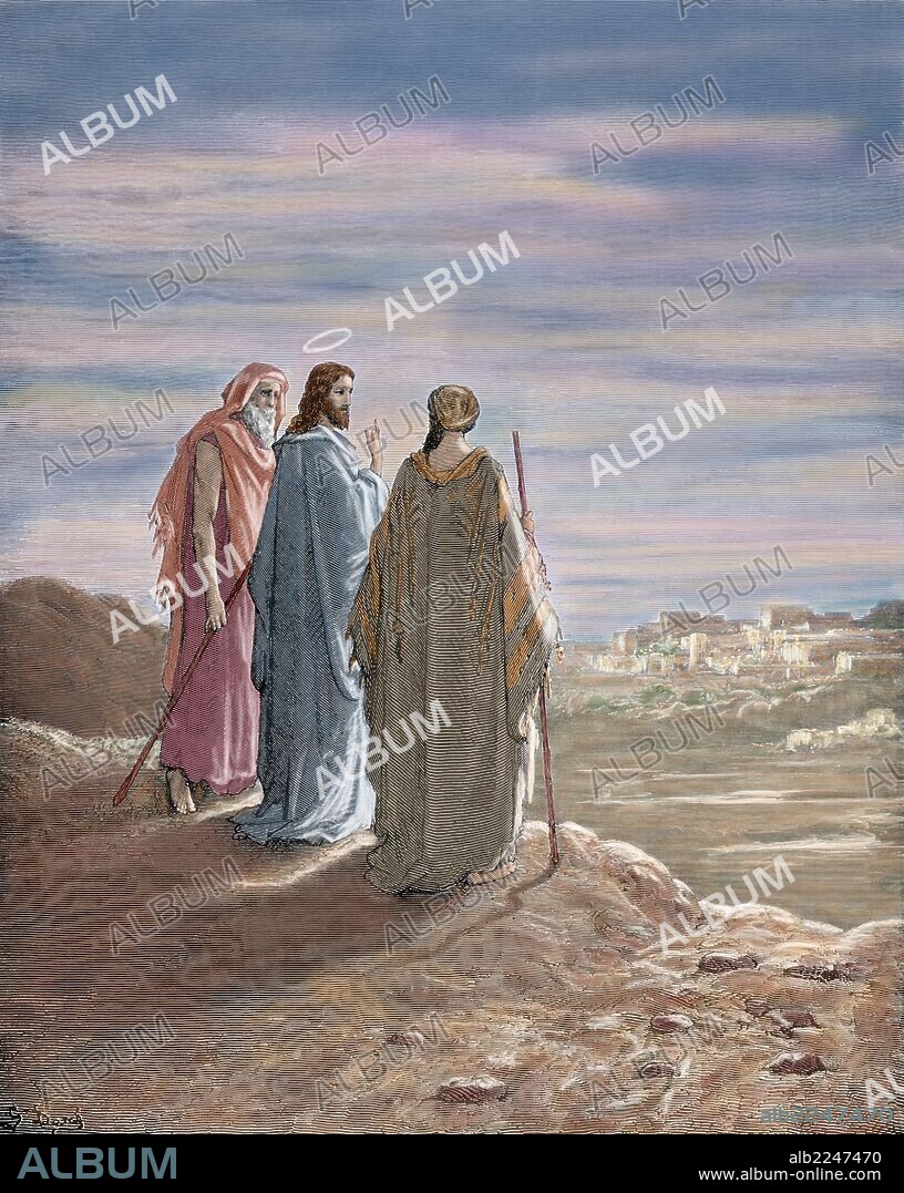 NUEVO TESTAMENTO. JESUS "JESUS Y LOS DISCIPULOS DE EMAUS". Evangelio San Lucas, Cap XXIV. Versículos 13 al 20. Dibujo por Gustavo Doré. Grabado por Pannemaker. Siglo XIX. Coloreado.