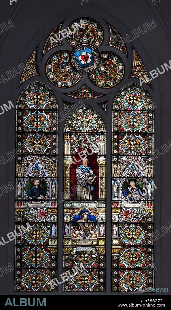 Stained glass window from 1887, Reformation, with portraits of Martin Luther, Melanchthon, Bugenhagen and Duke Philip I., Greifswald Dom St. Nikolai, Greifswald, Mecklenburg-Western Pomerania, Germany