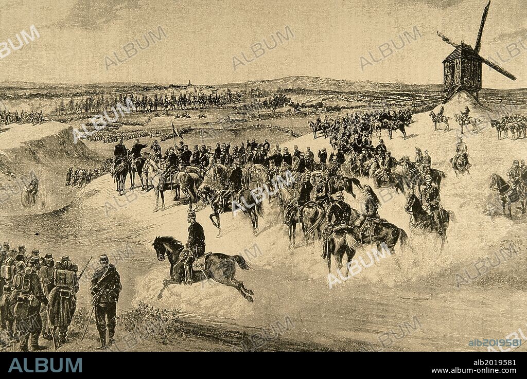 GUERRA FRANCO-PRUSIANA (1870-1871). Conflicto armado motivado por las pretensiones hegemónicas sobre Europa del Segundo Imperio Francés y de Prusia. Francia perdió Alsacia y Lorena. Grabado. "El ejército del Norte, bajo la dirección del general francés Jean-Baptiste Billot (1828-1907) ".