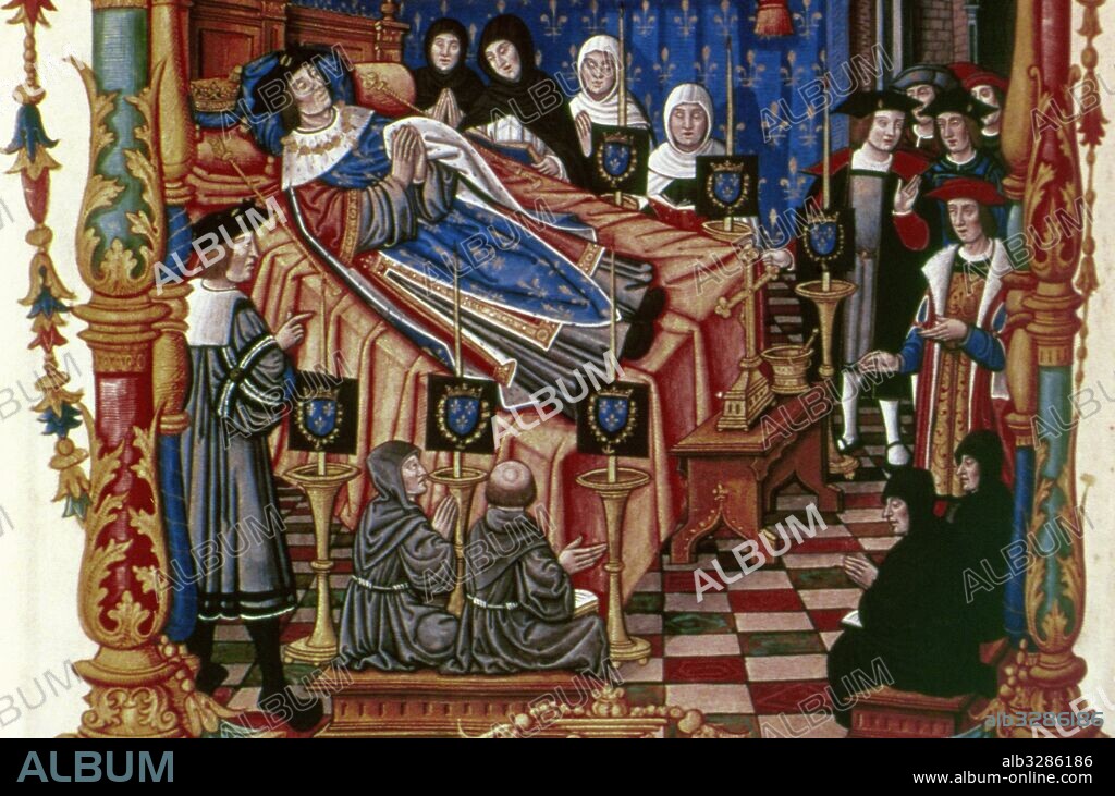 LUIS XI de Francia (Bourges, 1423-Plessis-lesTours, 1483). Hijo de Carlos VII, reinó de 1461 a 1483. Gran artífice de la unidad francesa, afirmó el poder real y dió un nuevo impulso a la economía del país. Miniatura donde se representa la muerte de Luis XI en 1483 en el Castillo de les Tours.