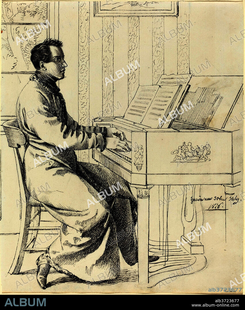 LUDWIG EMIL GRIMM. The Artist's Brother-in-Law, Ludwig Hassenpflug, Preparing to Play the Piano. Dated: 1826. Dimensions: sheet: 25.2 x 21.2 cm (9 15/16 x 8 3/8 in.). Medium: pen and black ink over graphite on wove paper.
