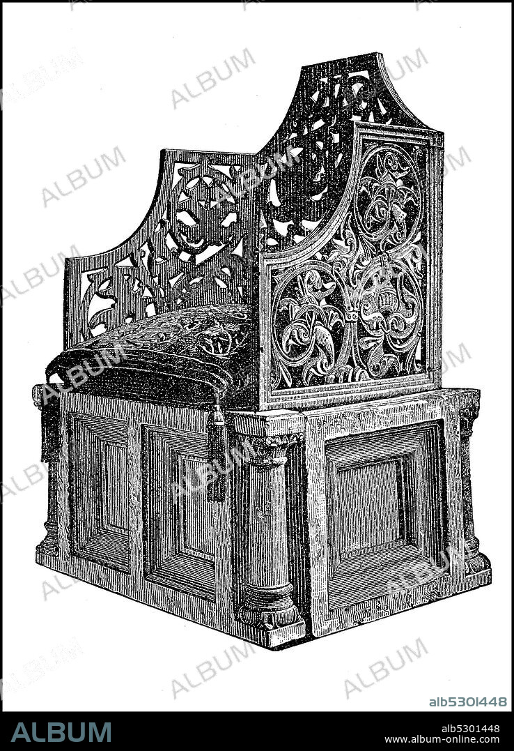 Throne of the Imperial Palace in Goslar, Germany, around 1000  /  Thron aus der Kaiserpfalz in Goslar, Deutschland, um das Jahr 1000, Historisch, historical, digital improved reproduction of an original from the 19th century / digitale Reproduktion einer Originalvorlage aus dem 19. Jahrhundert,.