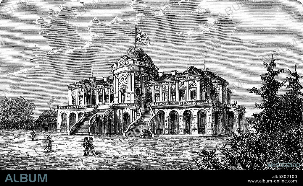 Solitude Palace was built between 1763 and 1769 as a hunting and representation palace under Duke Carl Eugen von Wurttemberg, Stuttgart, Germany, ca 1790.