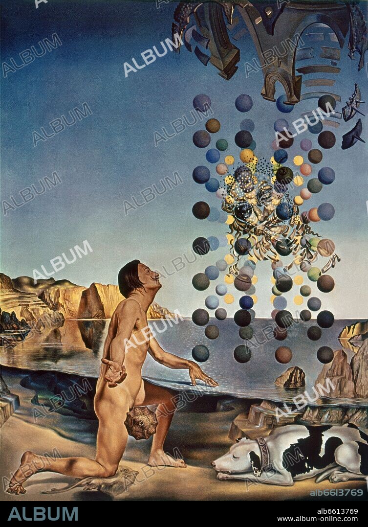 SALVADOR DALÍ. 'Dali Nude, in Contemplation Before the Five Regular Bodies', 1954, Oil on canvas.