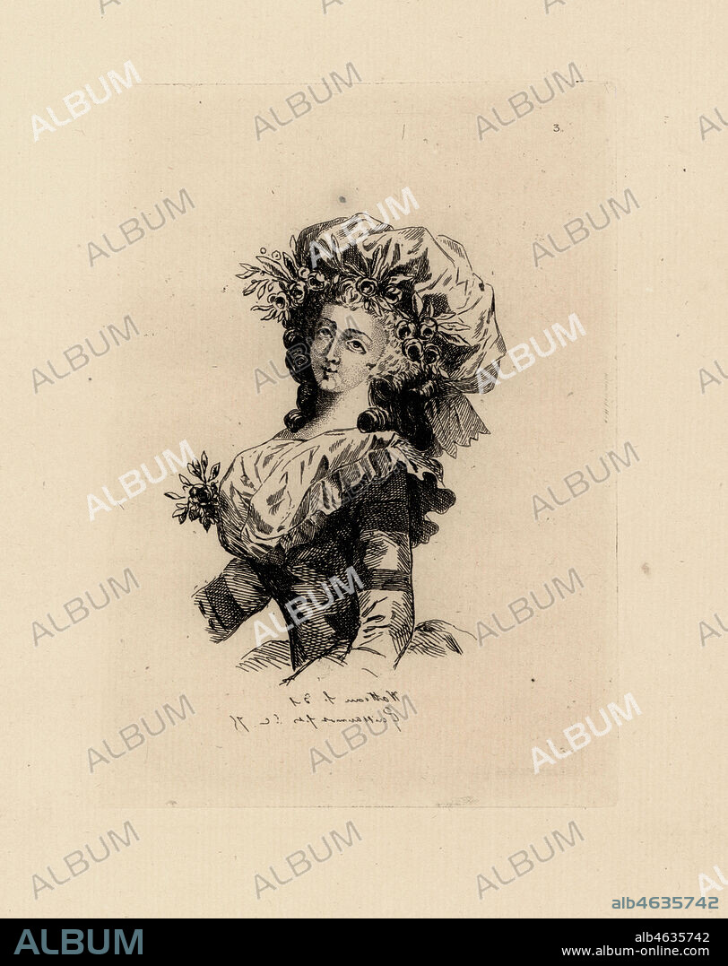 Fashionable bonnet from the era of Marie Antoinette. Copperplate etching by Auguste Etienne Guillaumot from Costumes et coiffures du XVIIIe siecle, Costumes and hairstyles of the 18th century, Cagnon, Paris, 1875. Original illustration by Francois Louis Joseph Watteau in the Gallerie des Modes et Costumes Francais, 1778-1787.