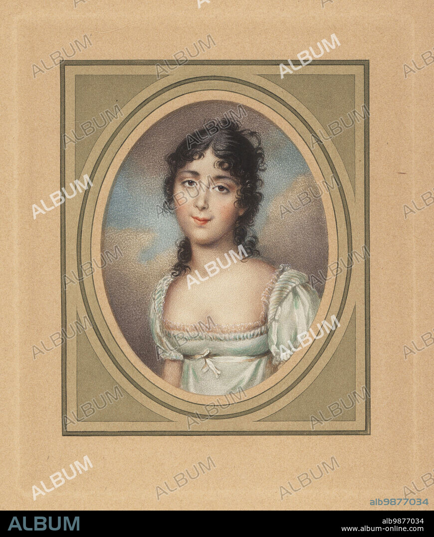Oval portrait of Desiree Bernadotte, Eugenie-Bernardine-Desiree Clary, 1777-1860. Engaged to Napoleon Bonaparte from 1795 and Queen of Sweden and Norway as Desideria from 1818. Colour mezzotint by Michel Manzi and Maurice Joyant after a miniature by Jean-Urbain Guérin from Frederic Massons Napoleon et les Femmes, Napoleon and the Fair Sex, Goupil, Paris, 1906.