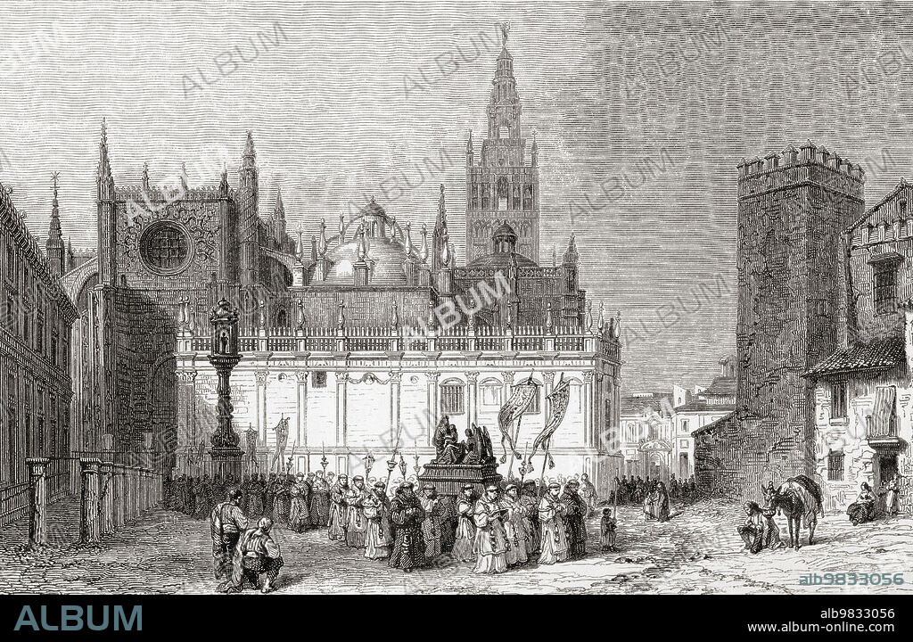 The Basilica of Saint Mary Major or church of Santa Maria Maggiore, Rome, Italy, seen here in the 19th century. Founded in 432 the present facade and interior were designed by architect Ferdinando Fuga in 1743. It conatains Roman architecture, Romanesque architecture (tower) and Baroque architecture. From Les Plus Belles Eglises du Monde, published 1861.