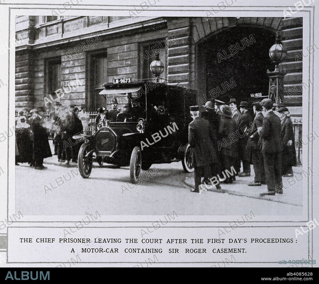 A prisoner leaving court. Illustrated London News. London, May 20, 1916. The chief prisoner leaving the court after the first day's proceedings: a motor-car containing Sir Roger Casement'.  Image taken from Illustrated London News.  Originally published/produced in London, May 20, 1916. . Source: Colindale, 639. Language: English.