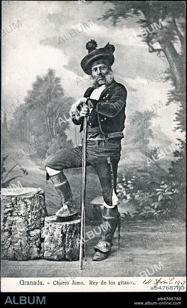 Grenade. Chorro JUMO, le Roi des gitans. Photographie anonyme pour une carte postale espagnole envoyee en 1907. Credit : Collection IM/KHARBINE-TAPABOR.