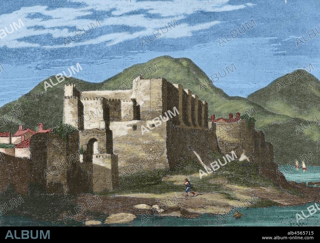 Spain, Andalusia, province of Cadiz, Tarifa. Castle of the Guzmans or Castle of Guzman el Bueno. It was built in 960 by Abd-ar-Rahman III, Caliph of Cordoba. Engraving by Serra after a painting by Pradilla.  Museo Militar, 1883. Later colouration.