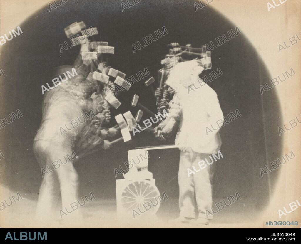 Chronophotograph. Artist: Etienne-Jules Marey (French, 1830-1904); Charles Fremont (French, 1855-1930). Dimensions: 16.3 x 20.2 cm (6 7/16 x 7 15/16 in.). Date: 1894.
Unlike the motion studies of Eadweard Muybridge, who depicted movement as a series of discrete moments on separate, sequential negatives, Marey's analyses of motion are characterized by multiple exposures on a single photographic plate.  In this photograph, Charles Fremont, a civil engineer who assisted Marey in his laboratory, used Marey's method to study blacksmiths at the anvil; the dynamic synthesis of their arced blows traced the pattern of manual effort involved in the task.  Fremont's photographic investigations into the conservation and expenditure of energy during human labor established principles that laid the foundation for modern industrial production.