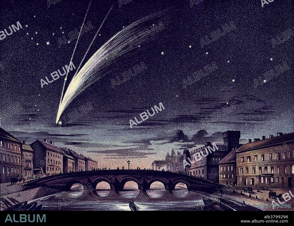 Comet Donati, or Donati's Comet, formally designated C/1858 L1 and 1858 VI, is a long-period comet named after the Italian astronomer Giovanni Battista Donati who first observed it on June 2, 1858. After the Great Comet of 1811, it was the most brilliant comet that appeared in the 19th century. It was also the first comet to be photographed. It was nearest the Earth on October 10, 1858. A comet is an icy small Solar System body that, when passing close to the Sun, heats up and begins to outgas, displaying a visible atmosphere or coma, and sometimes also a tail. These phenomena are due to the effects of solar radiation and the solar wind upon the nucleus of the comet. Comets have been observed and recorded since ancient times by many different cultures. Comets have a wide range of orbital periods, ranging from several years to several millions of years. Image appeared in Bildatlas der Sternenwelt (Picture Atlas of the World Star), 1888.