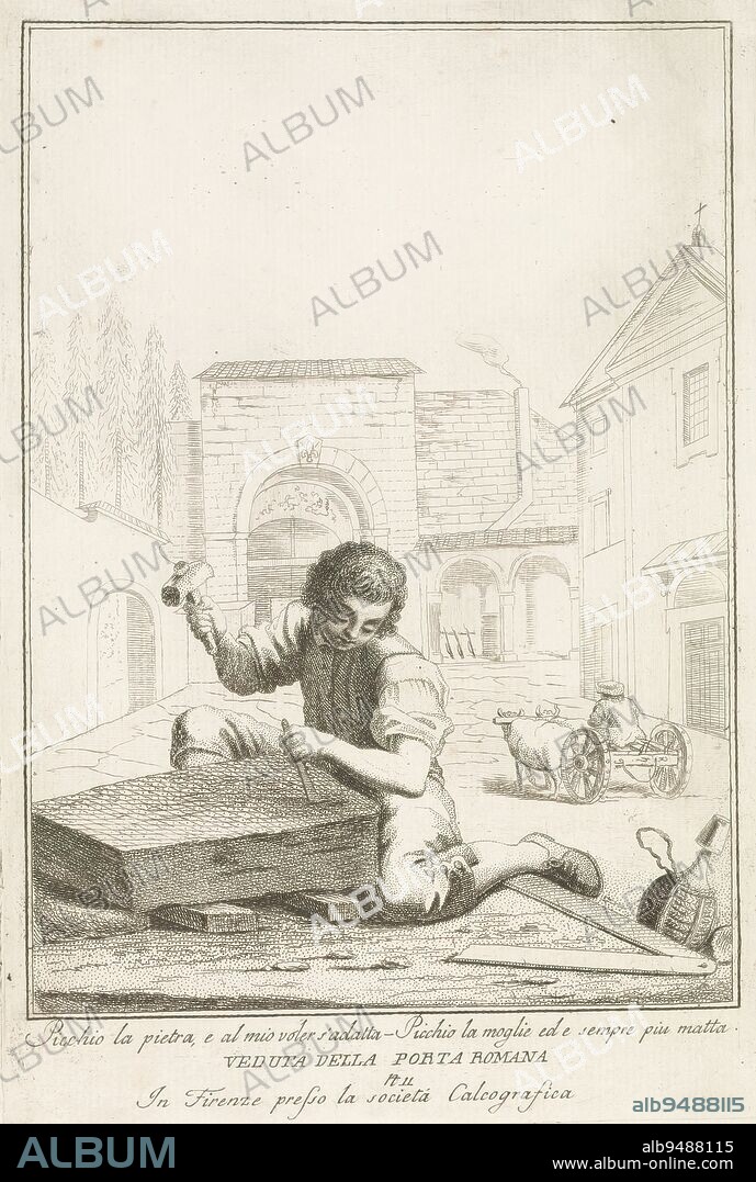 Stonemason, Florentine Street Vendors (series title), A stonemason at work on the street. Next to him on the ground is a large store hook. In the background the Porta Romana in Florence. Italian text in lower margin., print maker: Carlo Lasinio, publisher: La Società Calcografica, (mentioned on object), print maker: Italy, publisher: Florence, 1769 - 1838, paper, etching, height 268 mm × width 181 mm.