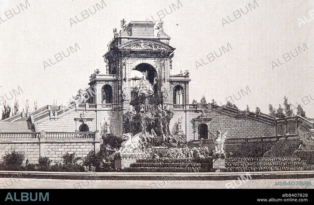 GRABADO DE LA CASCADA DEL PARQUE DE LA CIUTADELLA, BARCELONA. SIGLO XIX.
