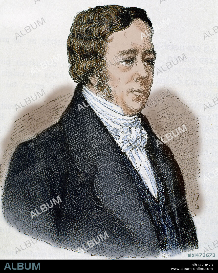 OERSTED, Hans Christian (Rudkobing,1777-Copenhague 1851). Físico danés. Su opinión, favorable a la unidad de las fuerzas naturales, le permitió predecir, en 1813, la existencia del fenómeno electromagnético, el cual no pudo verificar experimentalmente hasta 1820, cuando accidentalmente observó la acción desviadora de la corriente eléctrica sobre la aguja magnética. Grabado coloreado.