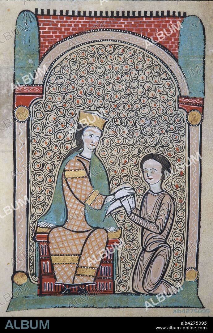 Ceremonia de vasallaje. Miniatura de 'Liber feudorum maior', cartulario escrito por Ramón de Caldes, siglo XII.