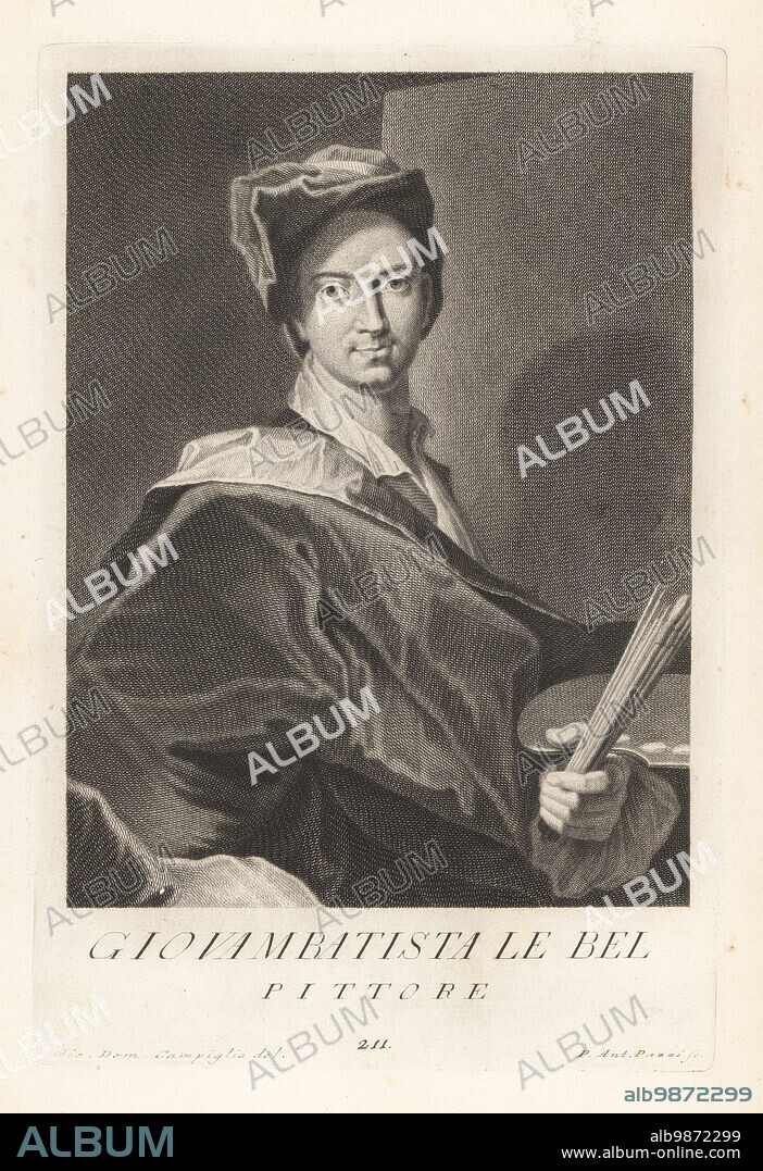 Jean-Baptiste Lebel, French painter of the 18th century, c.1700-1749. Holding palette and paintbrushes in front of a blank canvas. Giovambatista Le Bel, Pittore. Copperplate engraving by Pietro Antonio Pazzi after Giovanni Domenico Campiglia after a self portrait by the artist from Francesco Moucke's Museo Florentino (Museum Florentinum), Serie di Ritratti de Pittori (Series of Portraits of Painters) stamperia Mouckiana, Florence, 1752-62.