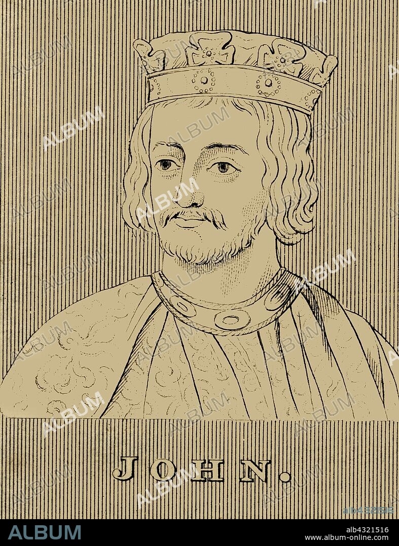 'John', (1166-1216), 1830. John (1166-1216) King of England from 1199 until his death in 1216. Nicknamed John Lackland because he was not expected to inherit significant lands. The baronial revolt at the end of his reign led to the sealing of Magna Carta. He remains a recurring character within Western culture, primarily as a villain in the stories of the Robin Hood legends. From "Biographical Illustrations", by Alfred Howard. [Thomas Tegg, R. Griffin and Co., J. Cumming, London, Glasgow and Dublin, 1830].
