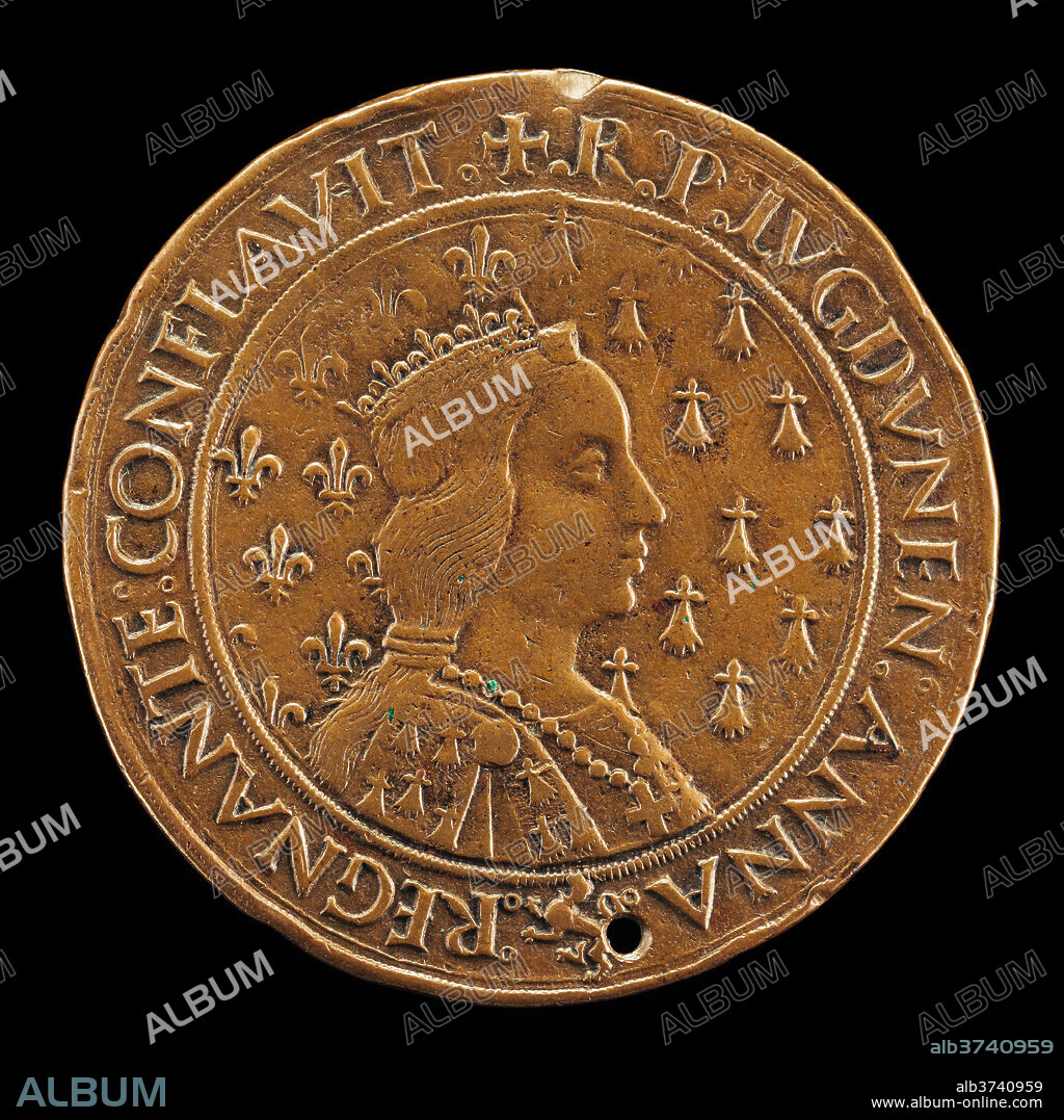 LOUIS LEPèRE, NICOLAS DE FLORENCE, AND JEAN LEPèRE. Anne of Brittany, 1477-1514, Wife of Charles VIII 1491 [reverse]. Dated: 1493/1494. Dimensions: overall (diameter): 4.08 cm (1 5/8 in.)  gross weight: 14.16 gr (0.031 lb.)  axis: 6:00. Medium: bronze//Struck.