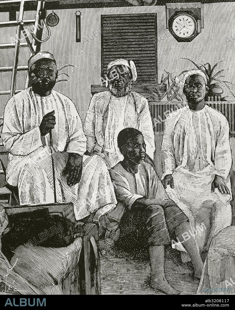 TIPPU-TIP, Ahmad b Muhammad, llamado (Bumadi, 1857-Zanzíbar, 1905). Comerciante de esclavos. Dedicado a la trata de esclavos desde 1866, fundó a lo largo del Congo una serie de bases que formaron la plataforma de un estado personal. Se retiró a Zanzíbar tras ser derrotado (1893). TIPPU-TIP CON SUS COLABORADORES. Grabado de "Les Grands Dossiers de l'Illustration".