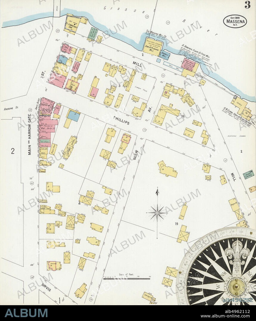 Image 3 of Sanborn Fire Insurance Map from Massena, St. Lawrence County, New York. Oct 1899. 4 Sheet(s), America, street map with a Nineteenth Century compass.
