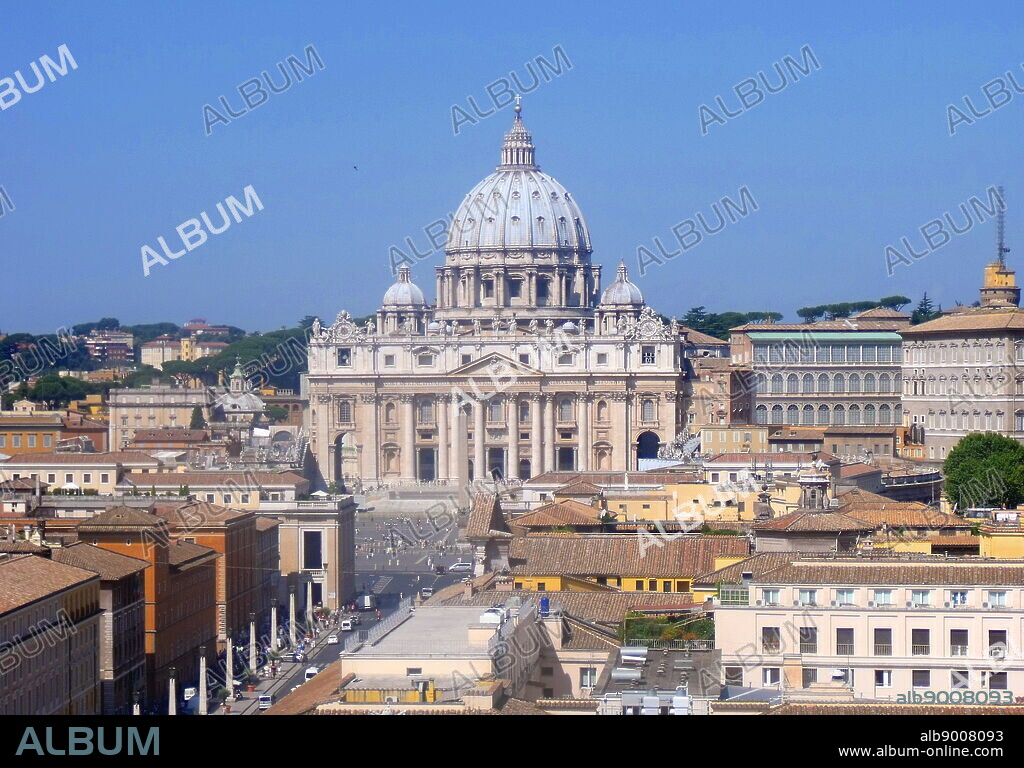 The dome of St. Peter's Basilica in the Vatican City, Italy. The church is the most renowned work of Renaissance architecture, and was designed by Donato Bramante, Michelangelo, Carlo Maderno and Gian Lorenzo Bernini. The original basilica is from 4th century AD, but the current design was completed in 1626.