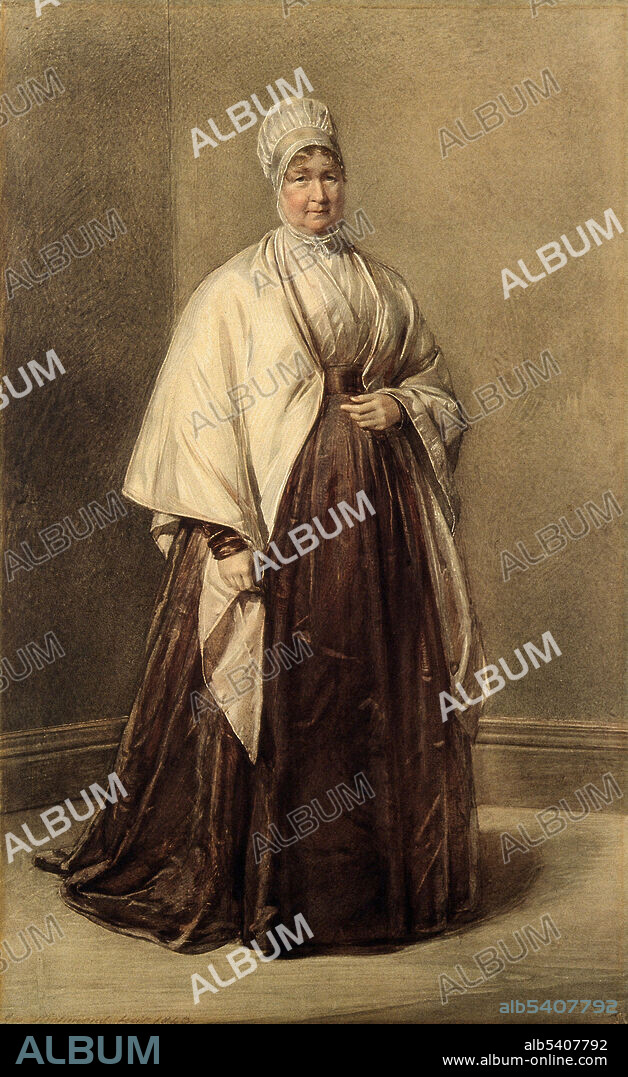 Elizabeth (Betsy) Fry, 1780-1845) was an English prison reformer and social reformer. Called the "angel of prisons," Fry was a driving force behind new legislation to make the treatment of prisoners more humane. She was supported in her efforts by Queen Victoria; Frederick William IV of Prussia met her and was an admirer of her reforms. As a Quaker, she campaigned for the abolition of the slave trade. She established homeless shelters and visiting societies that helped the poor in their homes, a practice which spread across Britain. In 1840, Fry opened a training school for nurses. Her program inspired Florence Nightingale, who took a team of Fry's nurses to assist wounded soldiers in the Crimean War. Fry was depicted on the Bank of England £5 note from 2001–2016. Color photogravure after G. Richmond, 1843.