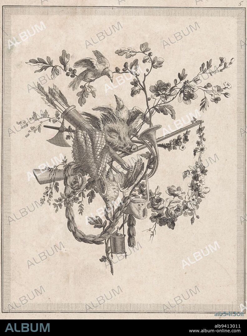 Hunting trophy with boar's head, birds, quiver of arrows, gun, hunting horn, bag and bottle, Hunting trophy 1ere Suite de differents Attributs, Troph, print maker: Pierre Gabriel Berthault, Pierre Ranson, publisher: Esnauts & Rapilly, Paris, 1778, paper, etching, h 273 mm × w 222 mm.