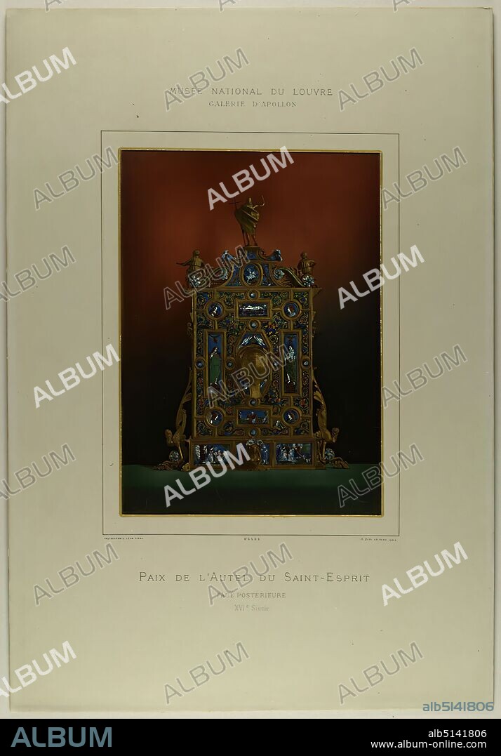 Léon Vidal, Paix de l'Autel du Saint-Esprit, paper, photochrome print, image size: height: 28.70 cm; width: 20.50 cm, inscribed: recto: printed above the photograph: Musee National Du Louvre Galerie D'Apollon; below the photograph: Photochromie Léon Vidal; B.ième S.G.D.G.; 15 Quai Voltaire. Paris; Paix de l'Autel du Saint-Esprit Face Postérieure XVI.ième Siècle; pencil on verso: P2013.219.2, arts and crafts, industrial design, The magnificent Apollo Gallery in the Louvre in Paris holds some of the most precious art objects of the Grande Nation, in addition to the French crown jewels. For the publication Le Trésor Artistique de la France, published from 1878, photographer Léon Vidal photographed the exquisite treasures. The printing process also relies on the expertise of the trained engineer. The photochromic technique developed by Vidal, a process first presented in 1872, makes it possible to transfer the colors of the collection pieces into a high-quality reproduction. Similar to chromolithography, three layers are printed separately on top of each other in strong, translucent colors. Vidal uses a photomechanical image as a basis, which contributes the deep black tones to the colored image result; the final layer is a fine layer of varnish. The glossy images not only convey the radiance of the art objects, but the elaborate copies, which were produced at great expense, are themselves masterpieces today. (Annika Sellmann).