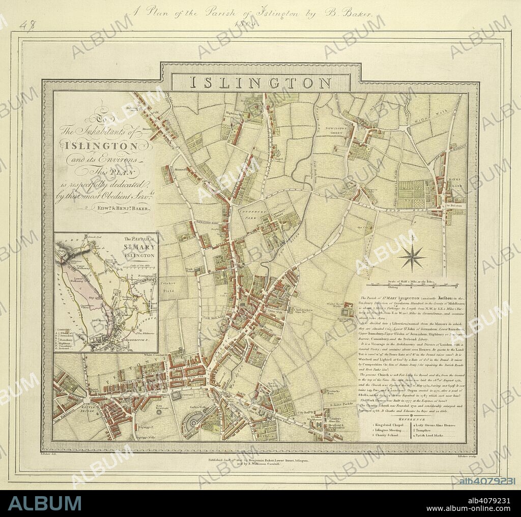 BENJAMIN BAKER. Map of the borough of Islington with inset plan of the parish of St Mary's on the left of the plate and note giving information about the borough down the right side of the plate. The plan shows the New River, a man made water course supplying London with fresh water from Hertfordshire.  . Map of the borough of Islington. 1805. Source: Maps Crace Port 15.48.