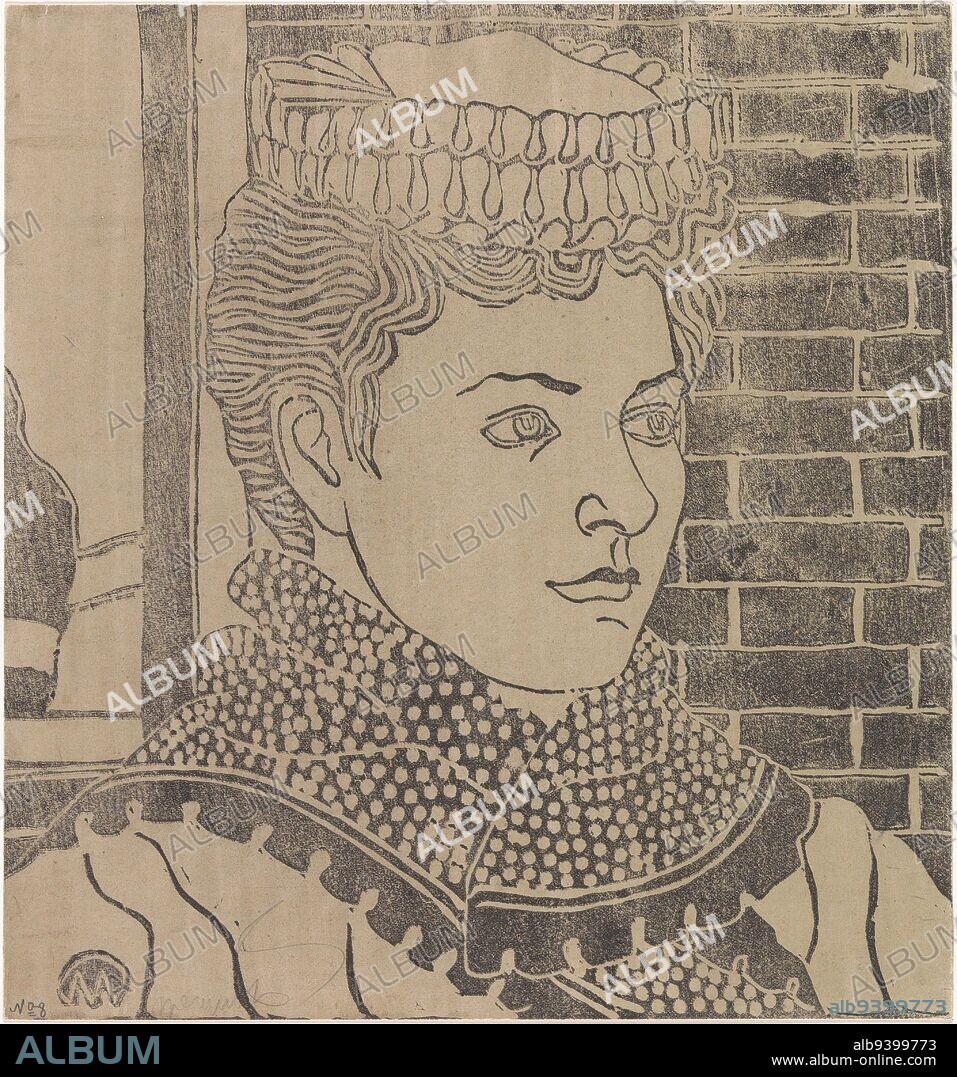 Woman with servant's hat, Samuel Jessurun de Mesquita, c. 1899, In the background a brick wall., print maker: Samuel Jessurun de Mesquita, (signed by artist), c. 1899, paper, h 268 mm × w 249 mm.