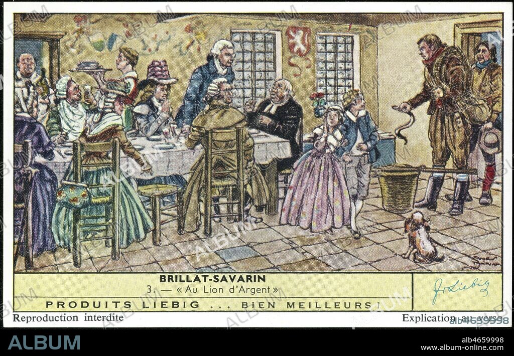Anthelme BRILLAT-SAVARIN (1755-1826) 'au Lion d'Argent', hotel restaurant situe a Lausanne ou il reside lors de son passage en Suisse en 1794, et qu'il decrit dans son livre 'La Physiologie du Gout'. Chromo publicitaire Liebig vers 1950-60. Credit : Coll. Jonas/KHARBINE-TAPABOR.