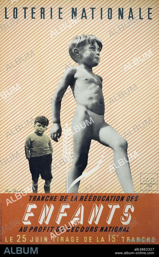 French 'National Lottery' Poster 1945. 5highlighting a campaign to fund re-education of children after the devastation of World War Two and occupation of France.