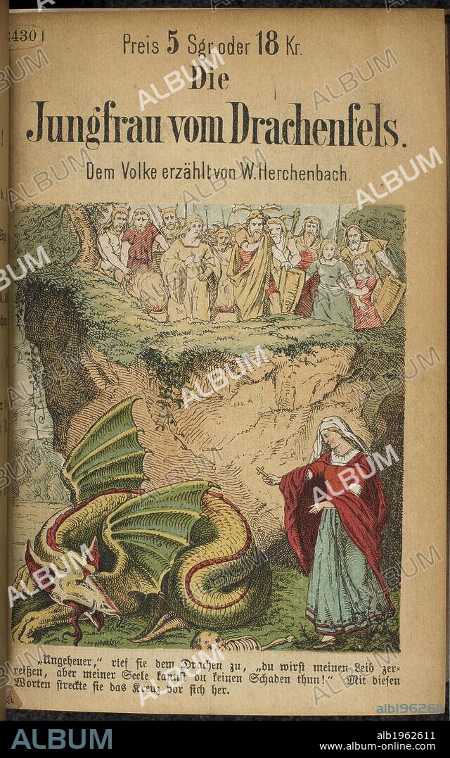 WILHELM HERCHENBACH. Dragon in a pit, with a woman holding a crucifix. Die Jungfrau vom Drachenfels, etc. Wesel, [printed, 1866]. Source: 12430.aaa.30 title page. Language: German.