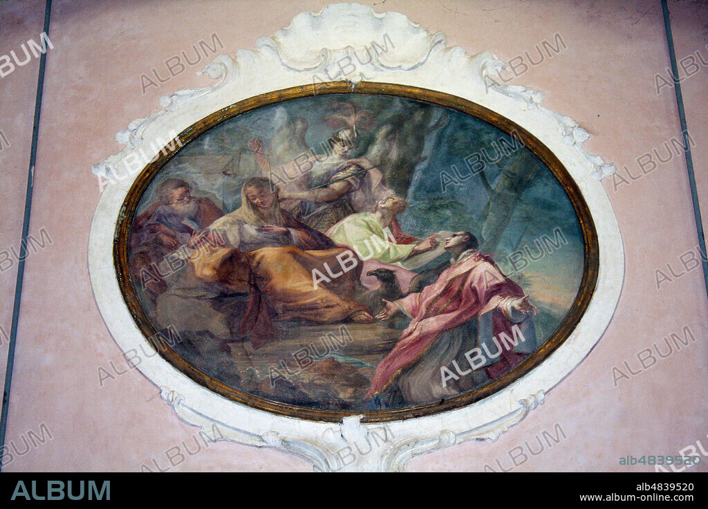 Mombello, Limbiate, Lombardy, Italy. Oratory of St. Francis (Oratorio di San Francesco), next to the Villa Pusterla Crivelli, is an important work by Francesco Croce, architect of the major spire of Milan Cathedral. Here, on June 14, 1797, the sisters of Napoleon Bonaparte Paolina and Elisa were married. Inside, to the right of the oval, are depicted Santo Stefano, San Giovanni Evangelista, Sant'Anna and San Gaetano di Thiene. The fresco is attributed to Francesco Angelo Borroni (circa 1754).