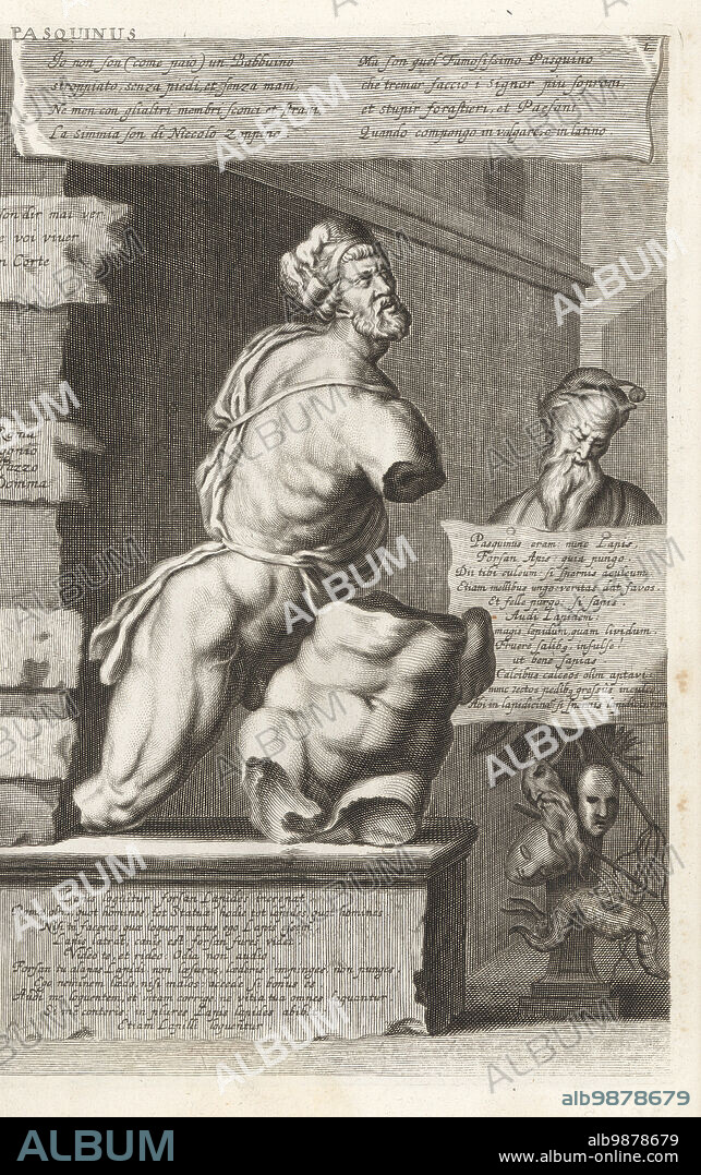 Pasquino or Pasquin, an antique Hellenistic statue of Menelaus supporting the body of Patroclus rediscovered in the Palazzo Braschi, Rome, in the 15th century. A talking statue with many cartellini, or satirical verses in Italian and Latin, and drama masks and hats. Copperplate engraving after an illustration by Joachim von Sandrart from his LAcademia Todesca, della Architectura, Scultura & Pittura, oder Teutsche Academie, der Edlen Bau- Bild- und Mahlerey-Kunste, German Academy of Architecture, Sculpture and Painting, Jacob von Sandrart, Nuremberg, 1675.