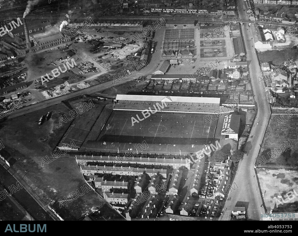 Notts County football ground, Meadow Lane, Nottingham, Nottinghamshire, 1927. Notts County was formed in 1862 and was a founder member of the English Football League in 1888. The Meadow Lane stadium, the club's home since 1910, was completely rebuilt in the 1990s at a cost of  £8 million and has a capacity of 20,300, all seated.